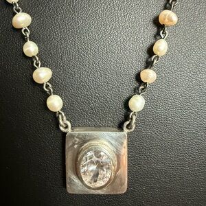 Silver and Freshwater Pearl Vintage Necklace with Crystal Pendant